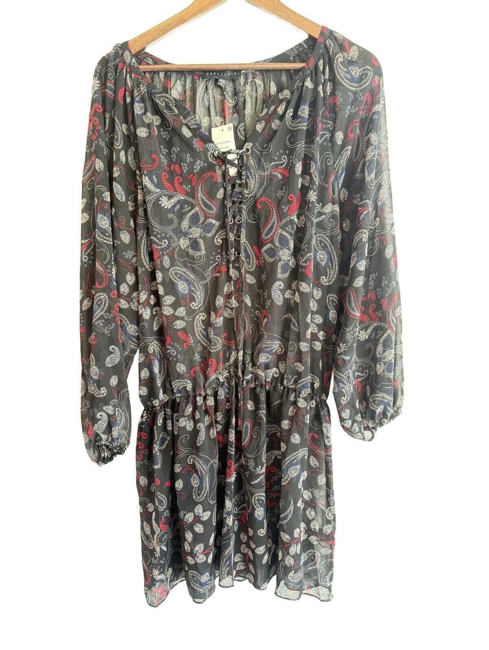 Sanctuary Paisley Print Peasant Dress Lace Up Front Sheer Black Red Small NWT